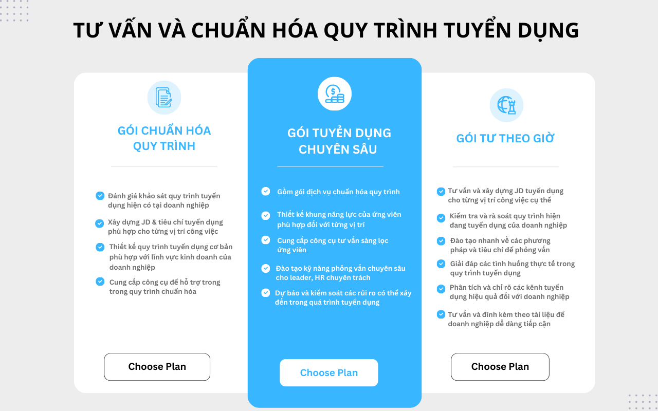 Ảnh minh họa các gói dịch vụ tư vấn và chuẩn hóa quy trình tuyển dụng